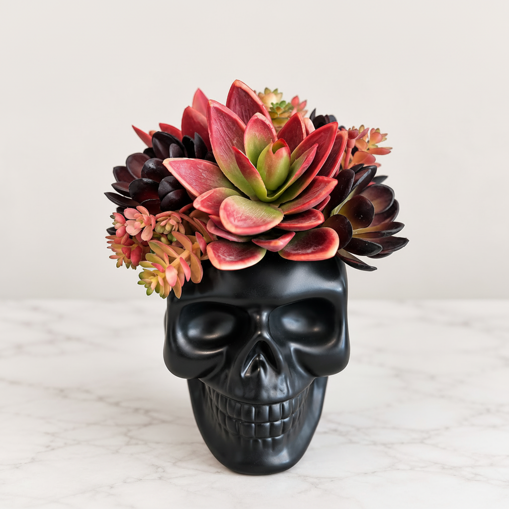 Midnight Merlot red succulents in black skull planter