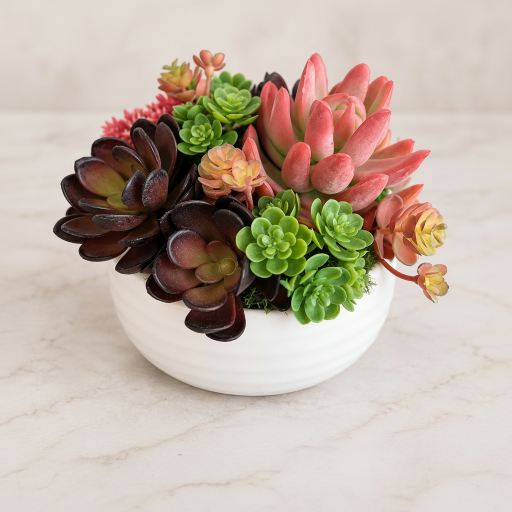 Secret Garden succulent arrangement in white ceramic bowl