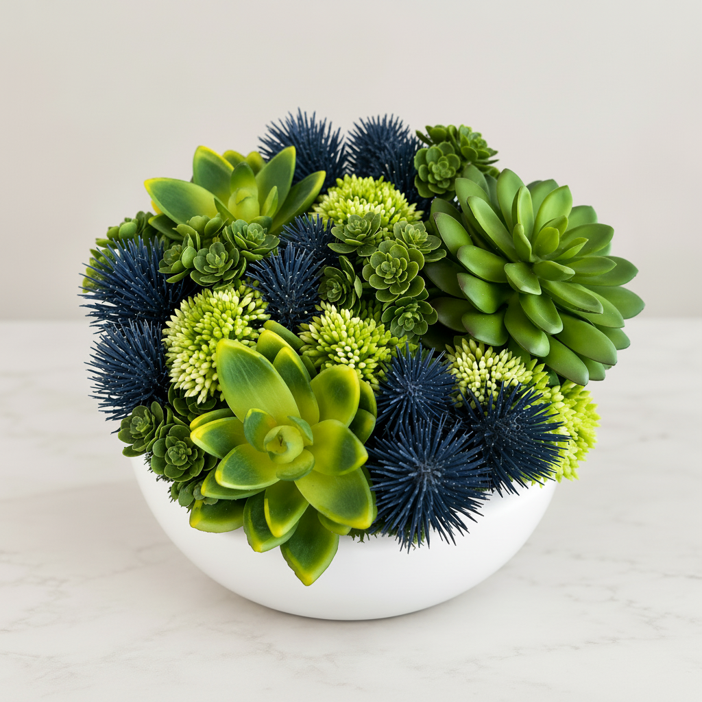 Blooming Thistle green and navy succulent arrangement in white ceramic bowl