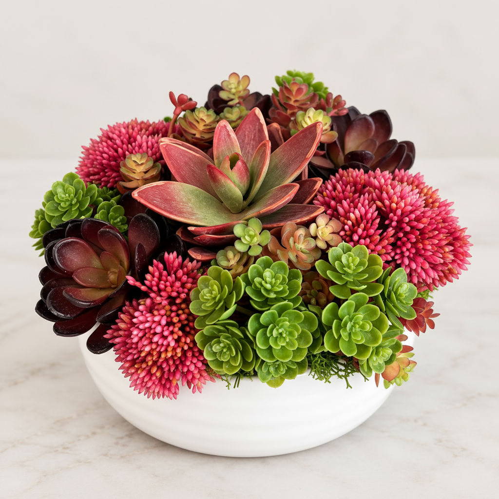 Secret Garden Splendor succulent arrangement in white ceramic bowl