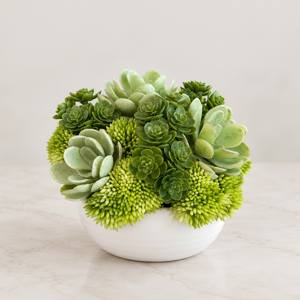 Char-Truce Jr. green succulent arrangement in white ceramic bowl