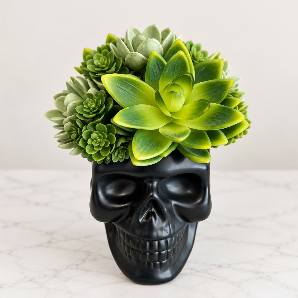 Midnight Moss green succulents in black skull planter
