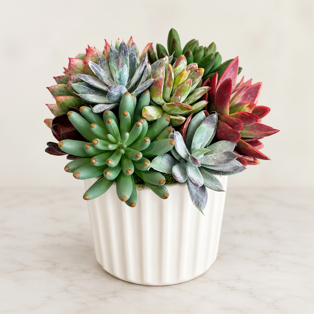 Sunset Spark succulent arrangement in white ribbed ceramic pot
