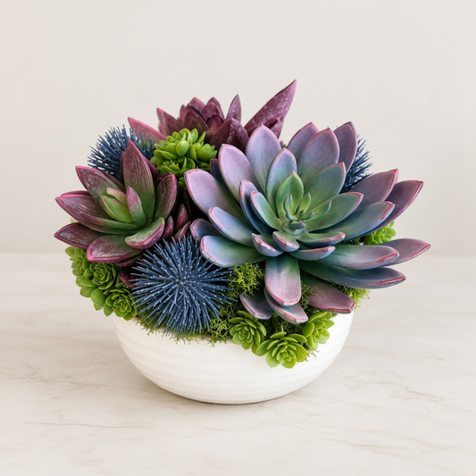 Plum Plush succulent arrangement in white ceramic bowl